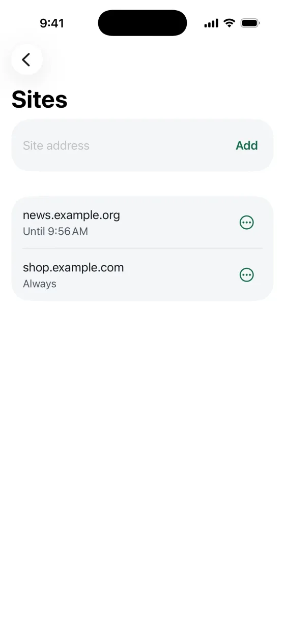 Checkout works again. The Sites screen with a Site address field and Add button, news.example.org paused until 9:56 AM and shop.example.com allowed always.
